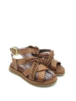 Sandalo zeppa in pelle donna A65003 Camel<AS98 Best